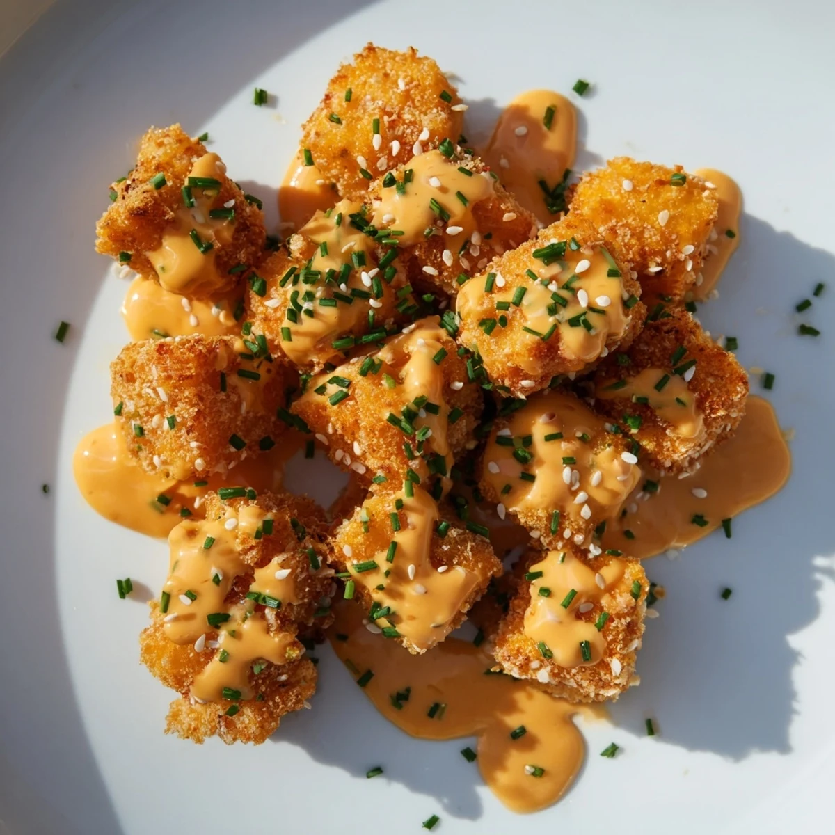 Savory Bang Bang Salmon Bites served over steamed rice with lime wedges and a spicy mayo drizzle.