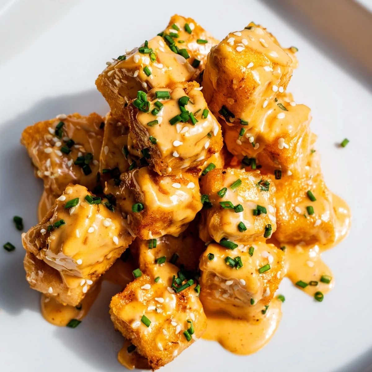 Air-fried Bang Bang Salmon Bites arranged in a lettuce wrap, drizzled with sauce and sesame seeds.
