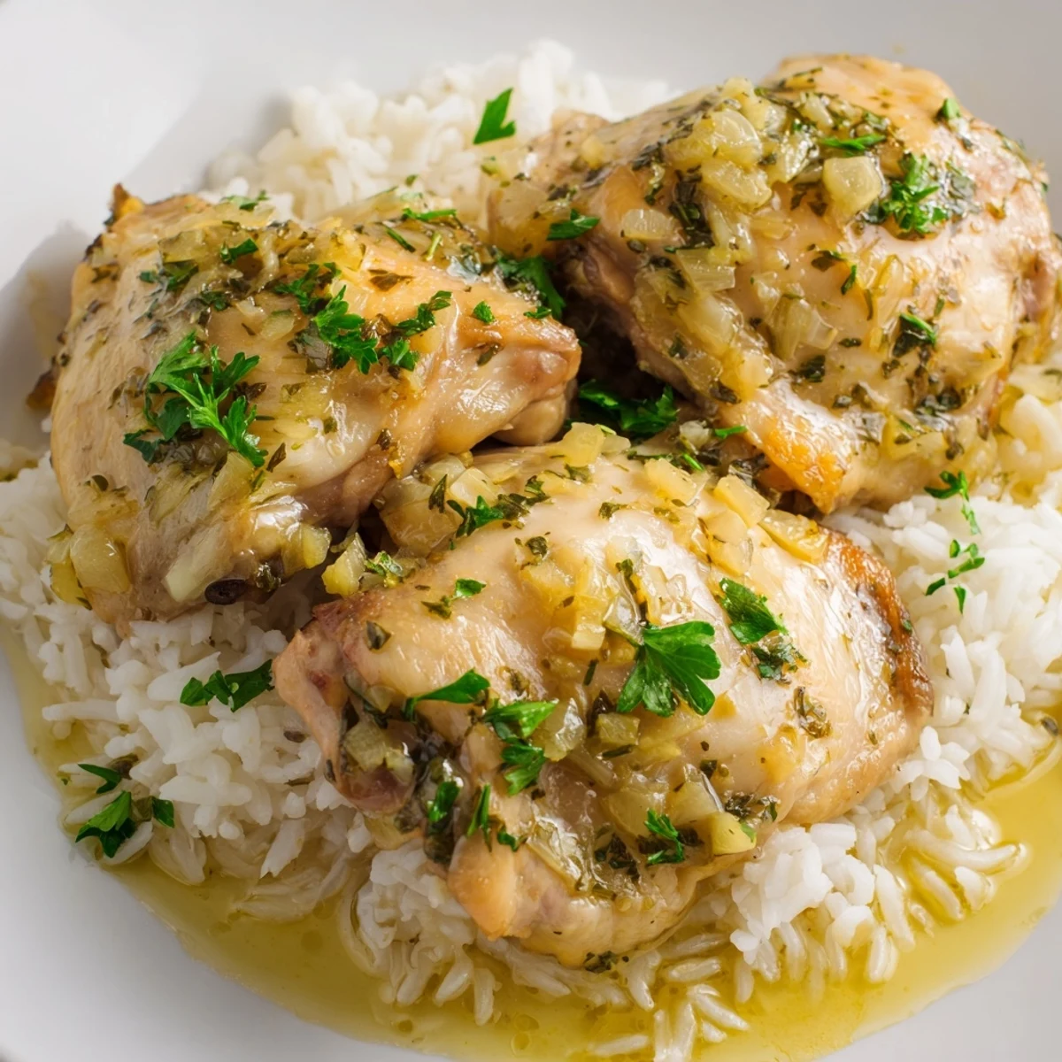 Golden-brown slow cooker lemon herb chicken served over fluffy rice with fresh parsley garnish and bright lemon zest.