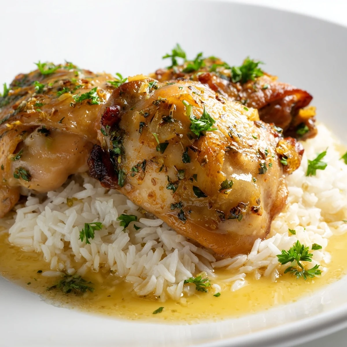 Juicy chicken thighs with aromatic herbs, lemon juice, and slow-cooked tenderness paired with buttery fluffy rice for dinner.
