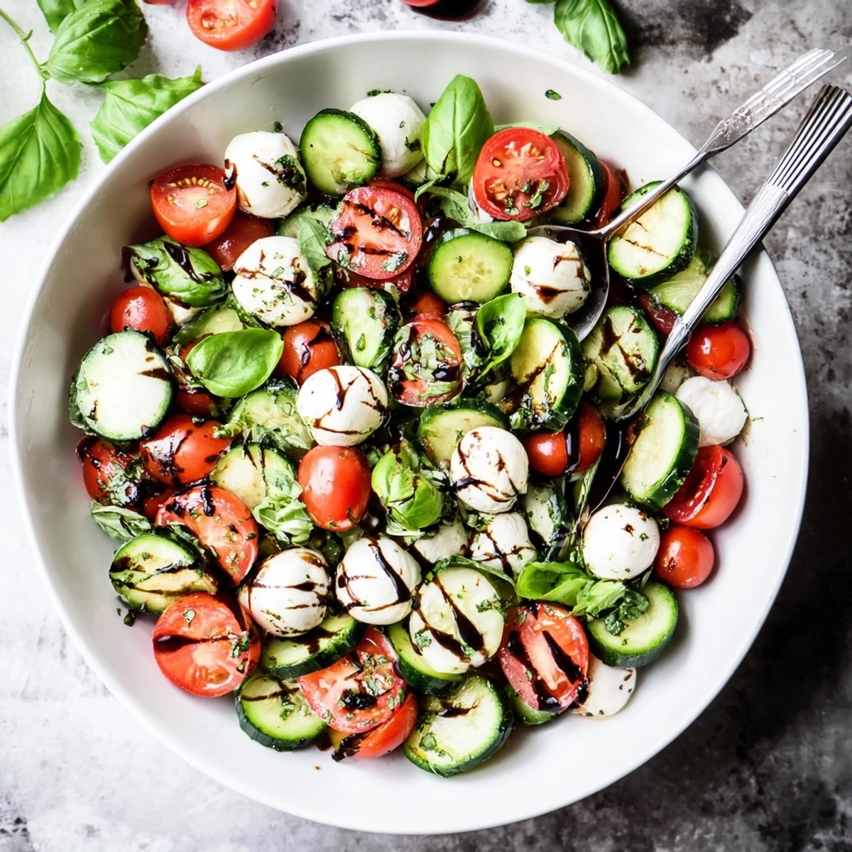 Juicy Cucumber Caprese Salad features crisp cucumbers, ripe tomatoes, and creamy mozzarella with fragrant basil on a serving platter.