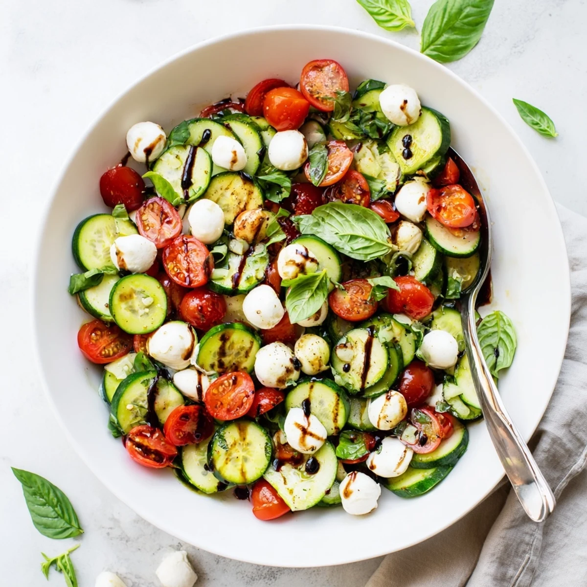 Juicy Cucumber Caprese Salad is tossed in tangy balsamic glaze, highlighting fresh vegetables and mozzarella balls on a table.