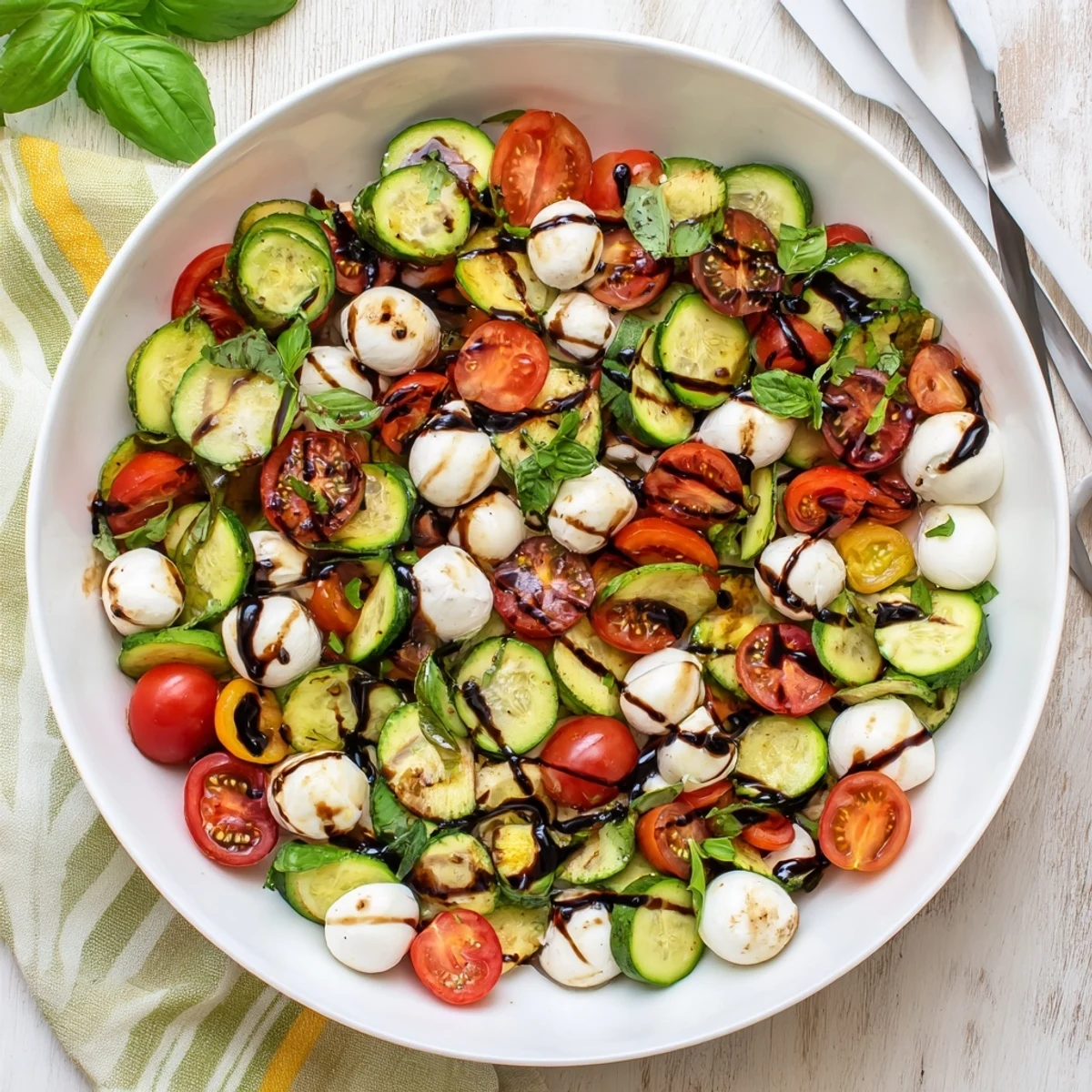 Juicy Cucumber Caprese Salad showcases halved cherry tomatoes and torn basil leaves, ready to serve chilled on a summer day.