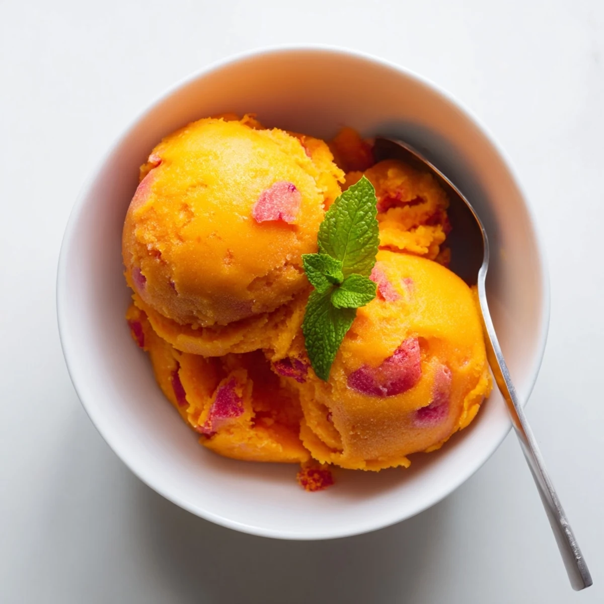 Bright Mango Strawberry Sorbet served in clear glasses, topped with diced mango and strawberries for a refreshing treat.
