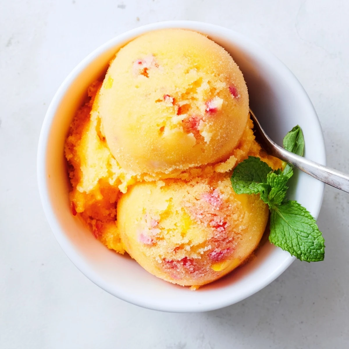 Scoops of Mango Strawberry Sorbet glistening in a bowl with fresh mint garnish on a sunny patio table.