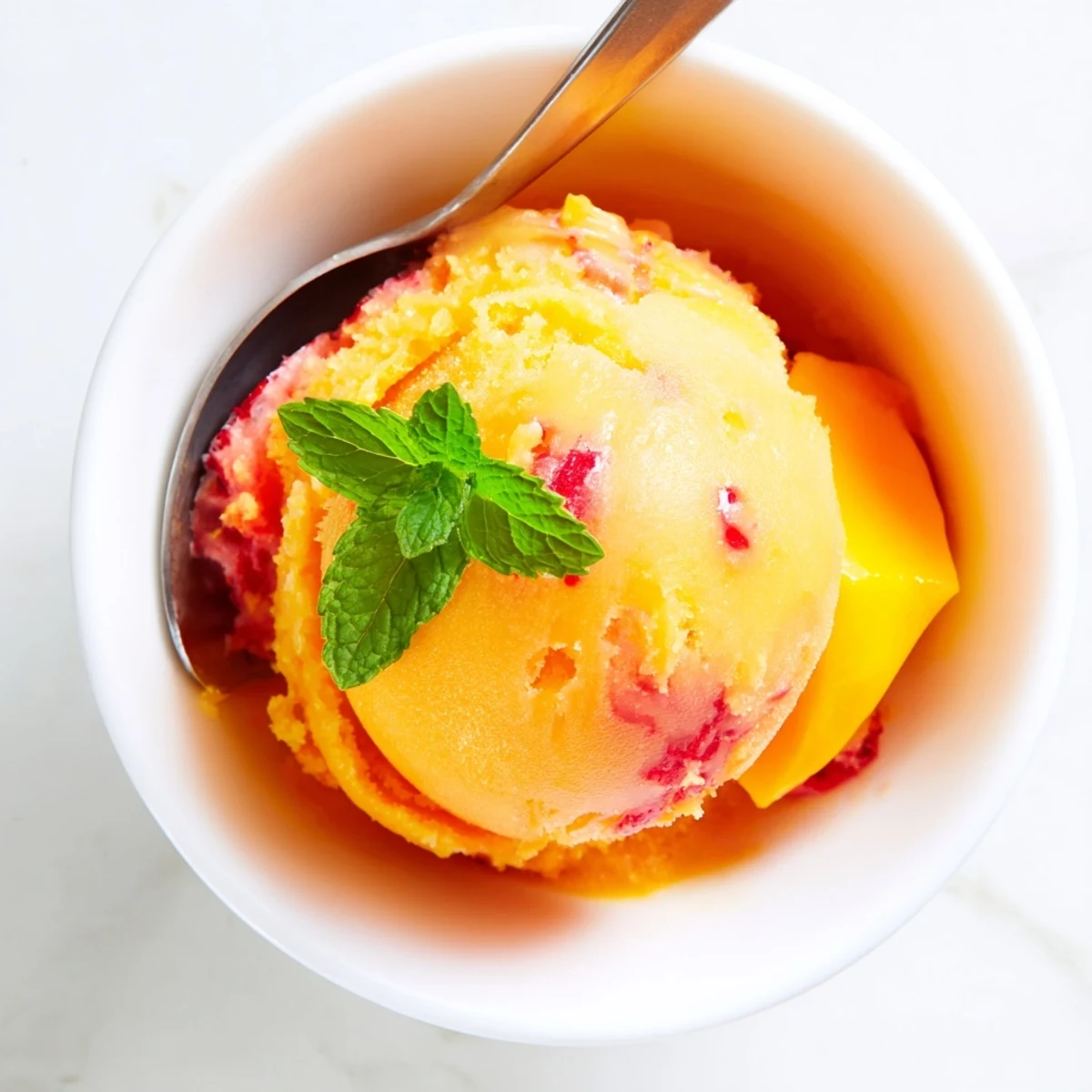 Smooth Mango Strawberry Sorbet in a rustic ceramic bowl, garnished with lime zest beside a summer picnic setup.
