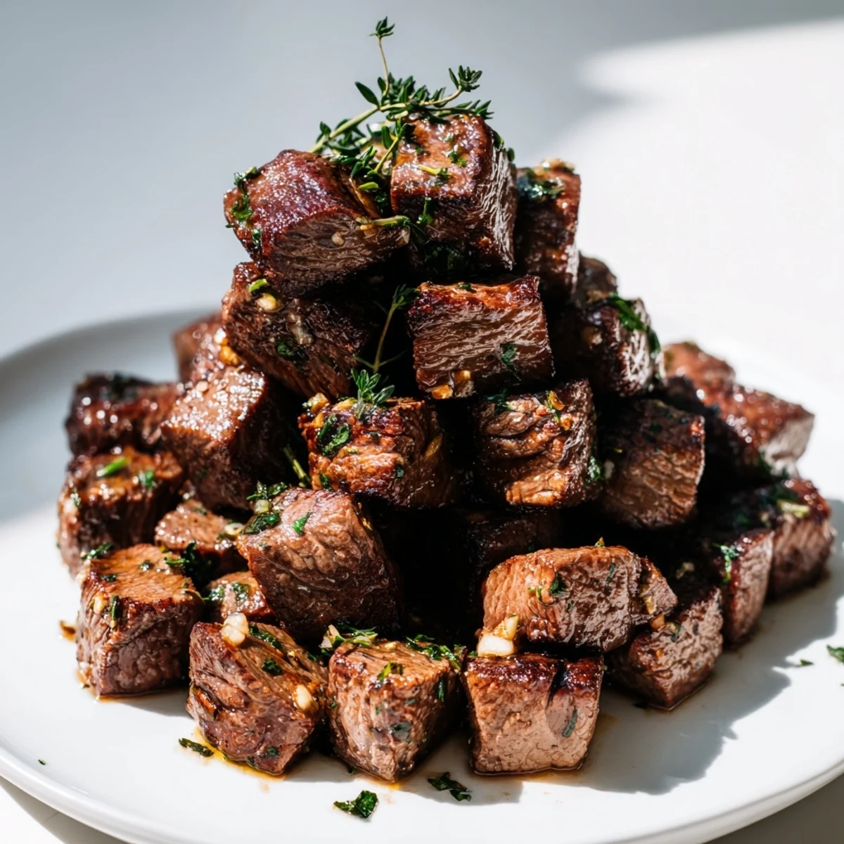 Juicy Garlic Butter Steak Bites served over creamy mashed potatoes with melted butter sauce.
