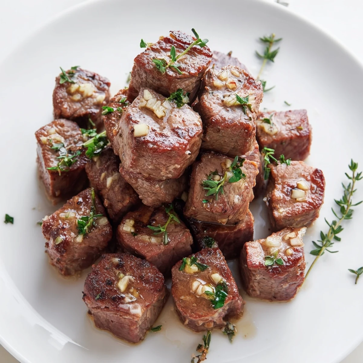 Tender Garlic Butter Steak Bites arranged on a platter, perfect for a gluten-free dinner.