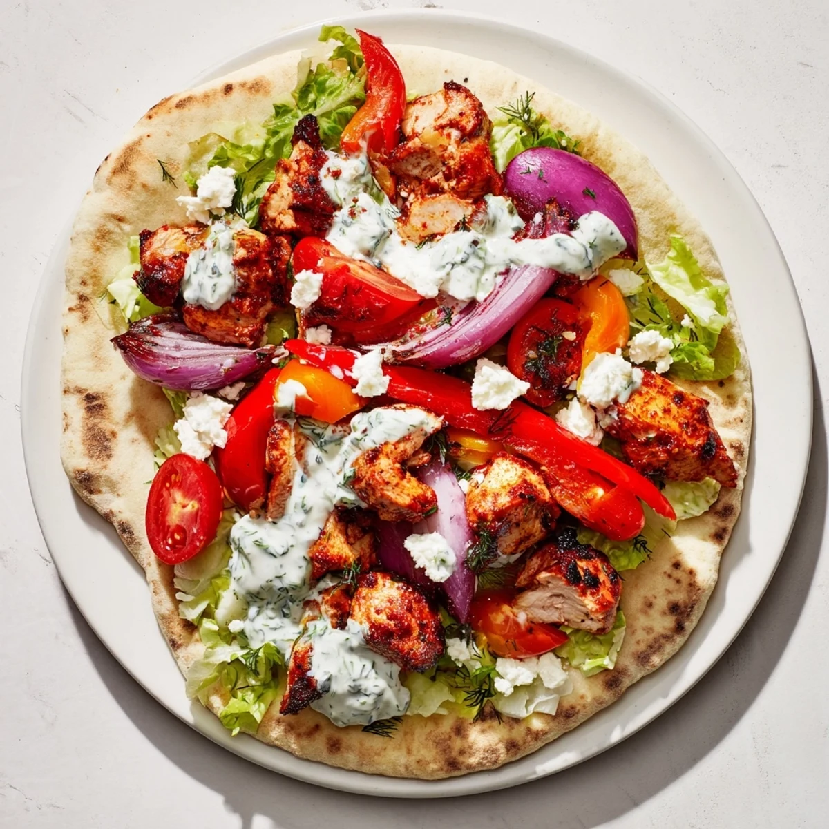 Golden roasted chicken and colorful vegetables stuffed inside warm pita breads with creamy herby ranch sauce