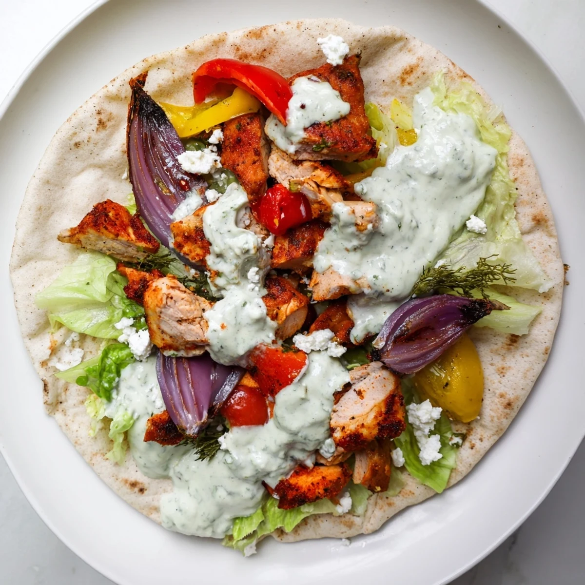Family-friendly chicken pita wraps loaded with crisp veggies and tangy homemade ranch drizzle on a wooden serving board