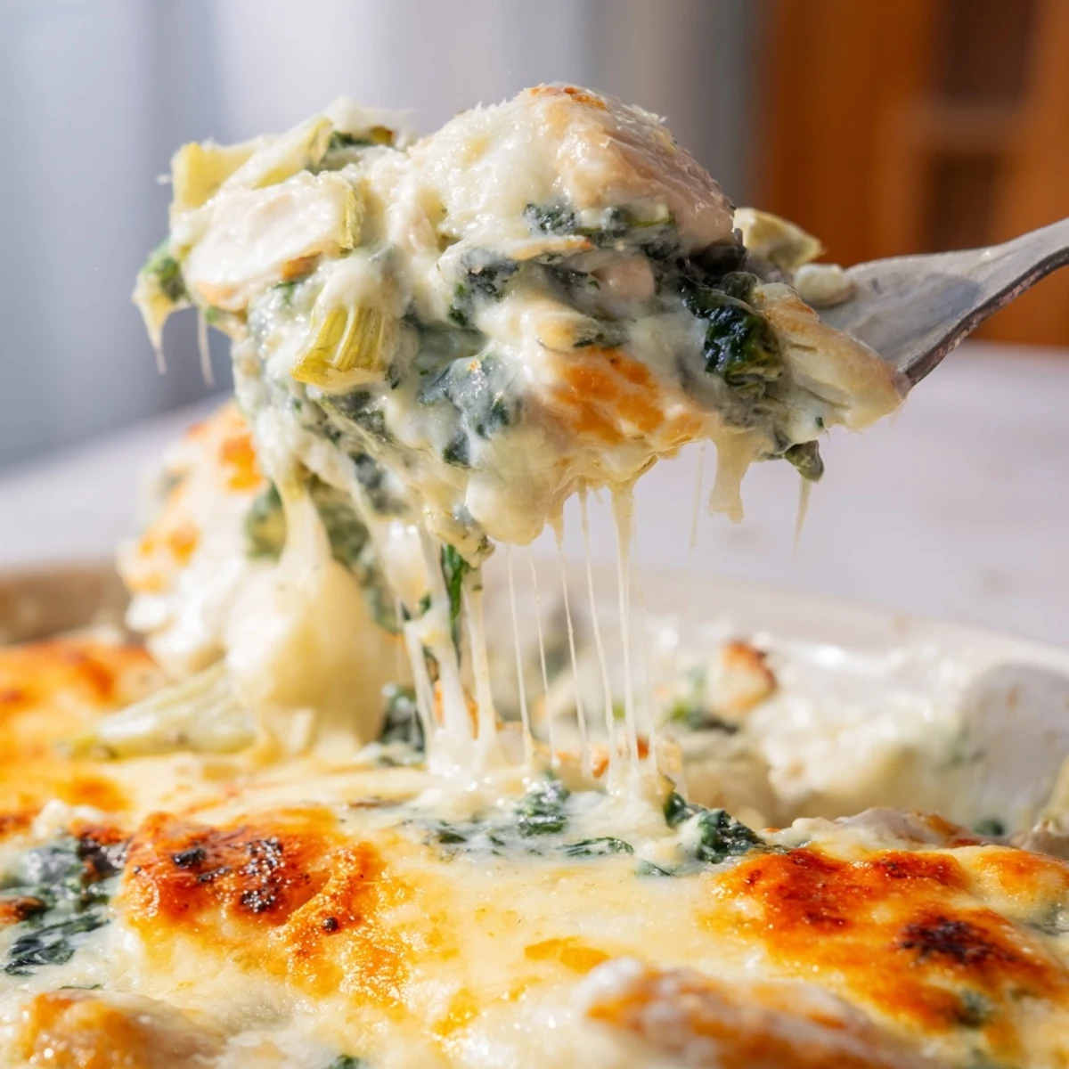 Creamy spinach artichoke chicken bake topped with parmesan and served for dinner
