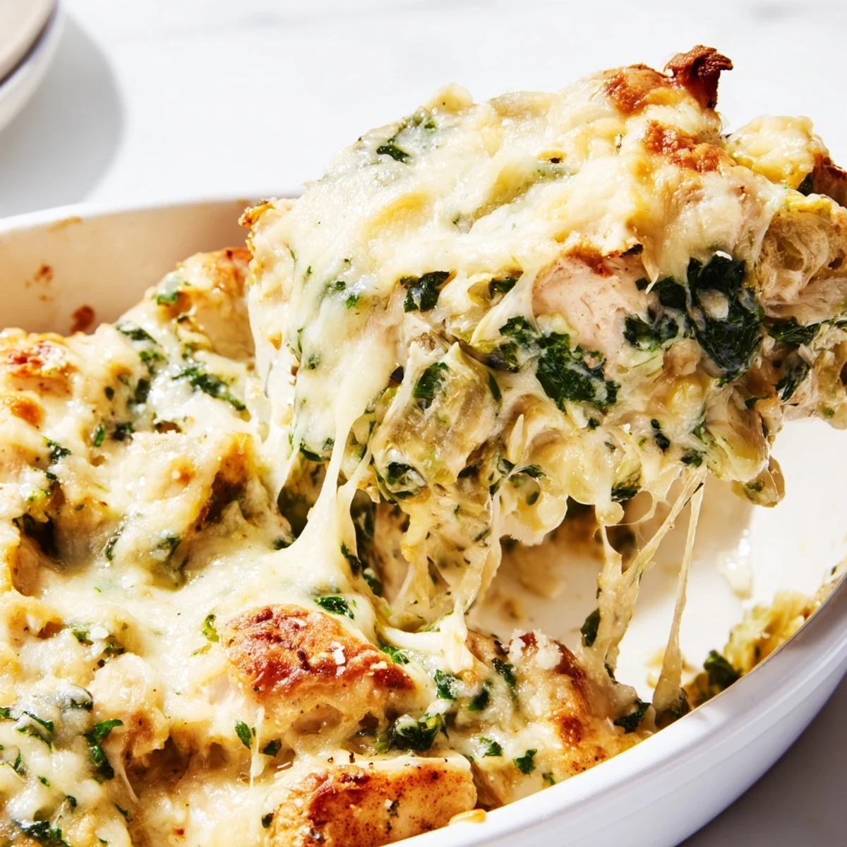 Golden bubbly spinach and artichoke chicken bake fresh from the oven with melted mozzarella