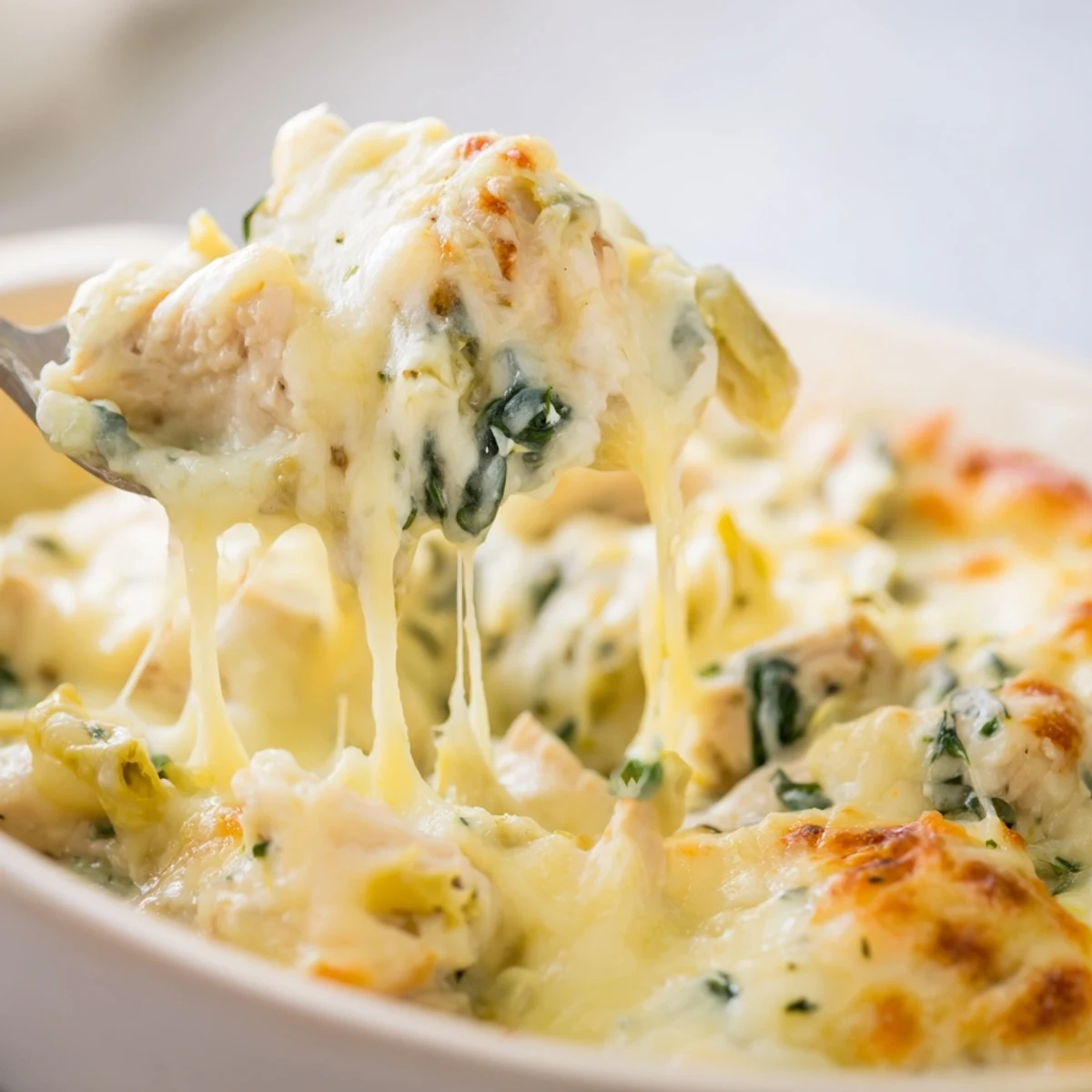 Baked chicken breasts smothered in spinach artichoke dip with golden cheese topping