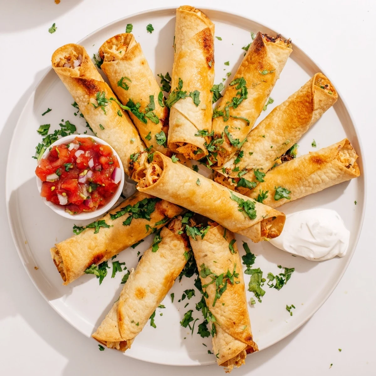 Golden crispy chicken taquitos with melted cheese, served with guacamole and fresh salsa