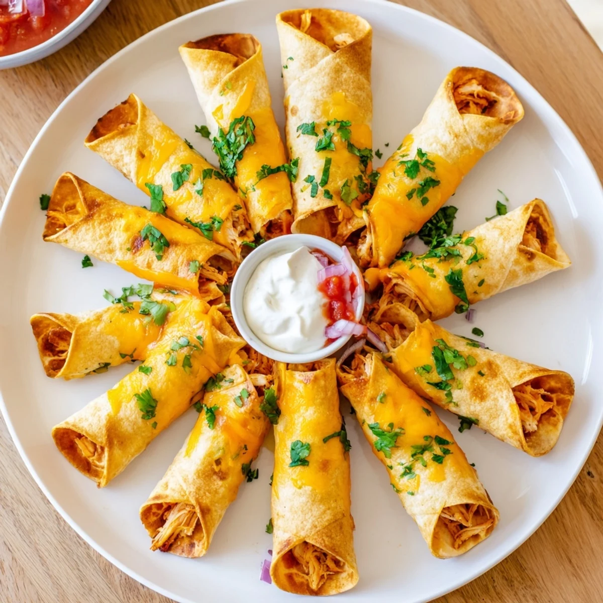 Homemade crispy chicken taquitos arranged on platter with sour cream and lime wedges