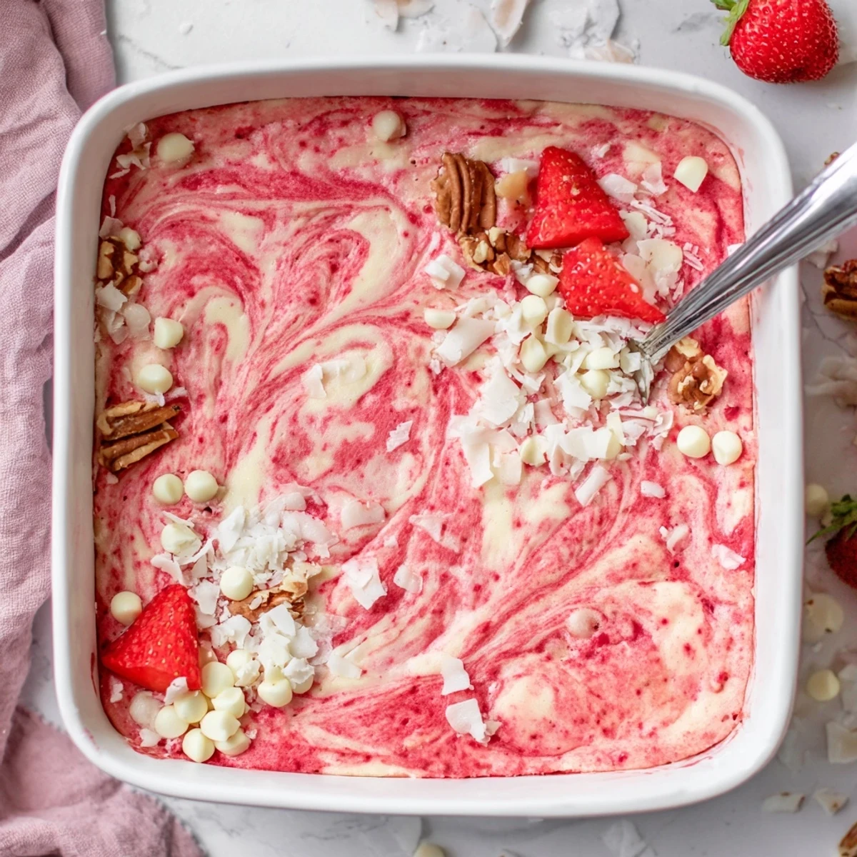 Golden strawberry earthquake cake with swirled cream cheese and white chocolate chips