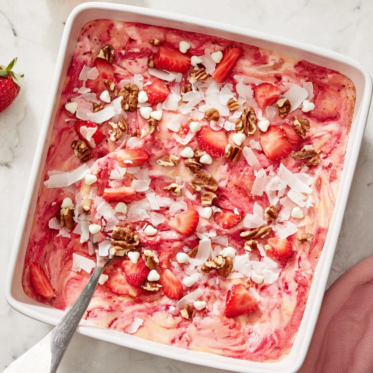 Rich strawberry earthquake cake displaying marbled cream cheese layers topped with fresh berries