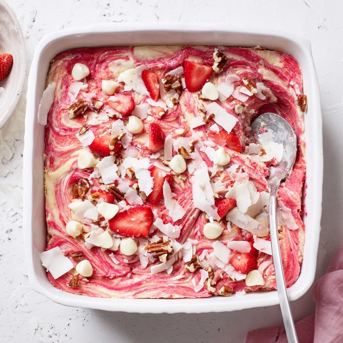 Decadent strawberry earthquake cake featuring gooey cream cheese swirls and shredded coconut topping