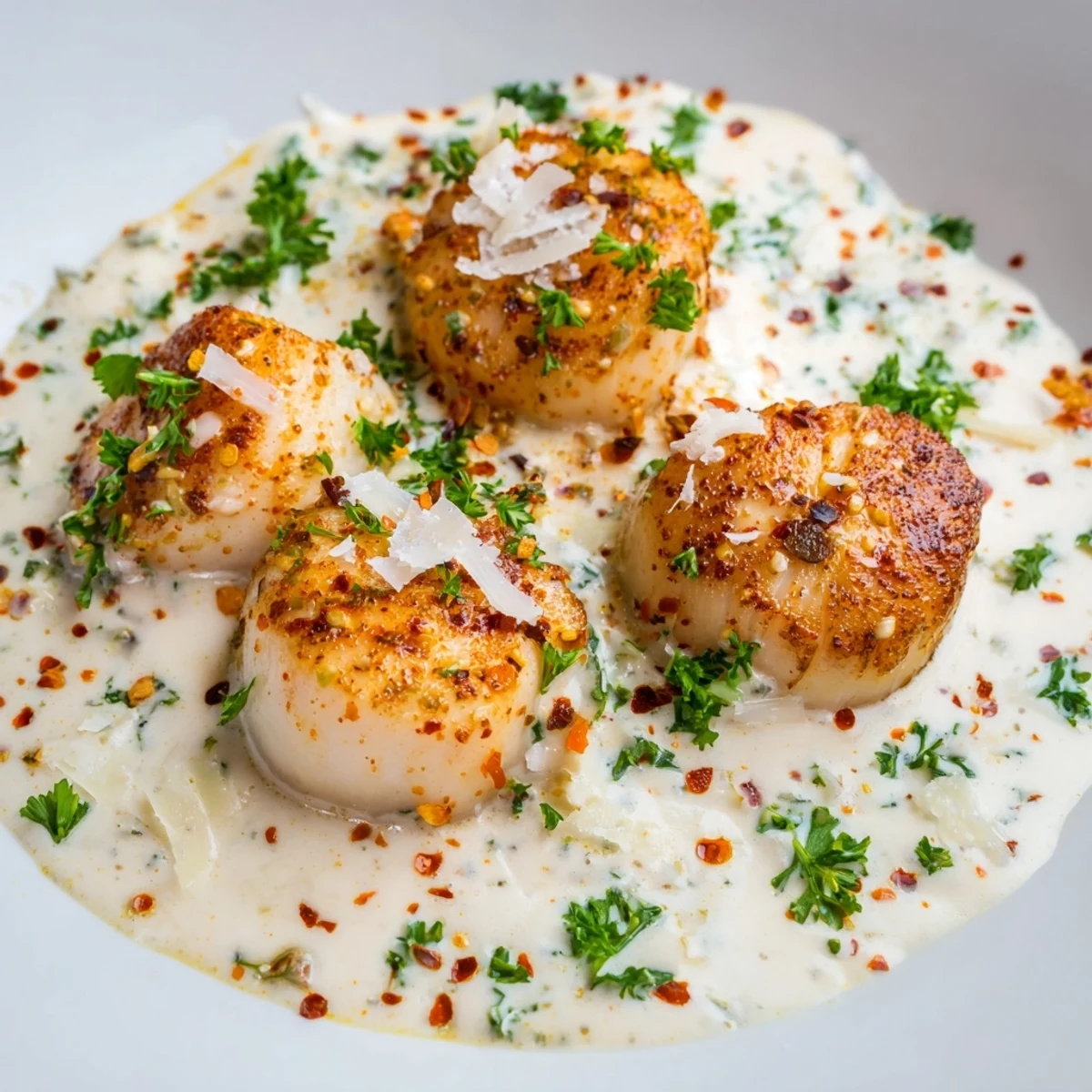 Golden brown seared scallops drizzled with spicy Cajun cream sauce and fresh parsley