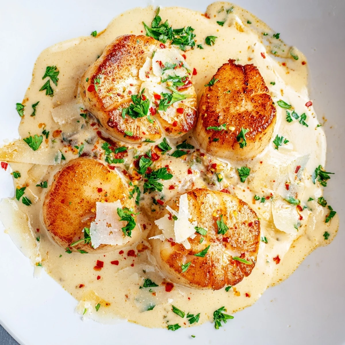 Succulent pan-seared scallops topped with rich creamy Cajun sauce over a white plate