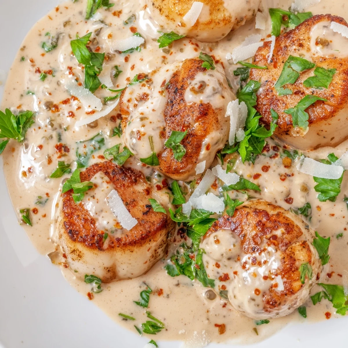 Perfectly cooked sea scallops resting in smooth Cajun spiced cream sauce with garnish