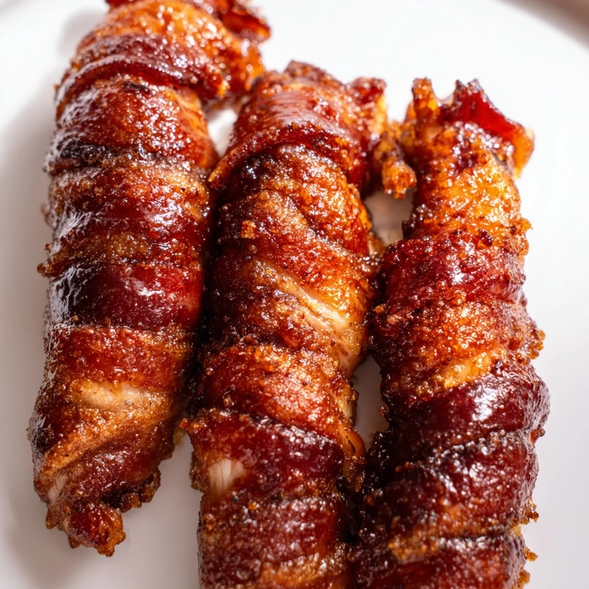 Crispy bacon-wrapped chicken tenders coated in caramelized brown sugar glaze on a wire rack