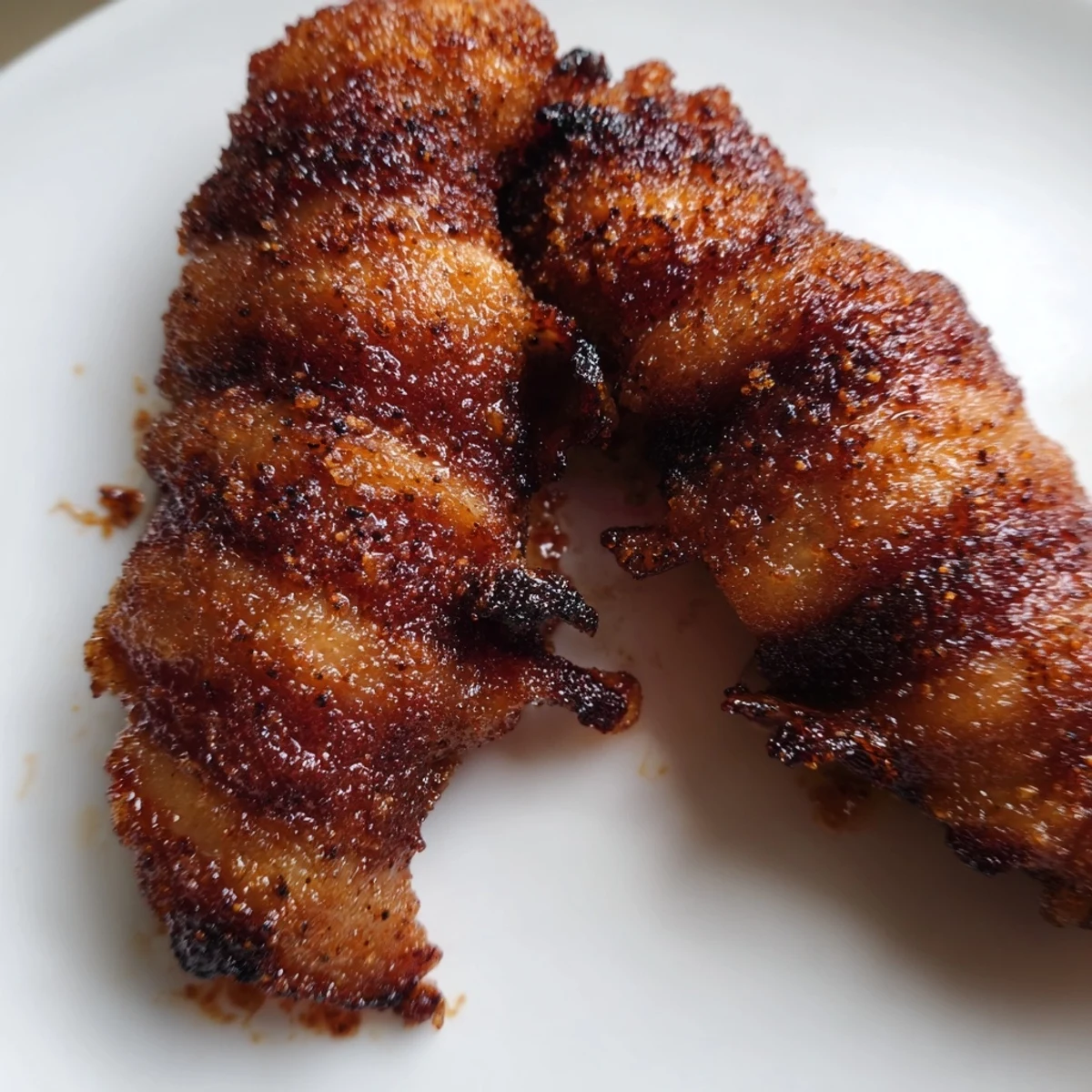 Golden brown sugar chicken tenders with smoky bacon arranged on white baking sheet