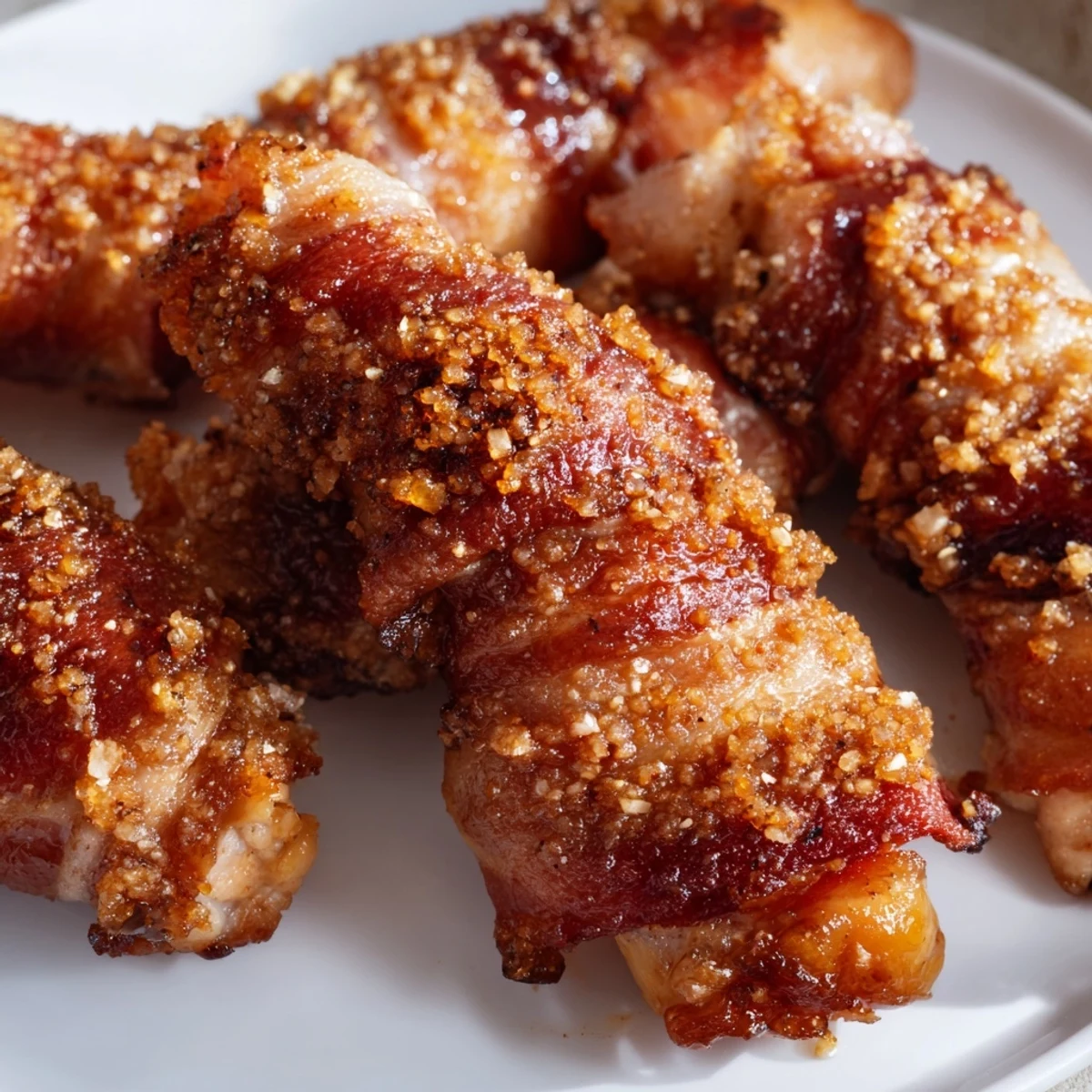 Bacon brown sugar chicken tenders glistening with sweet coating ready for serving