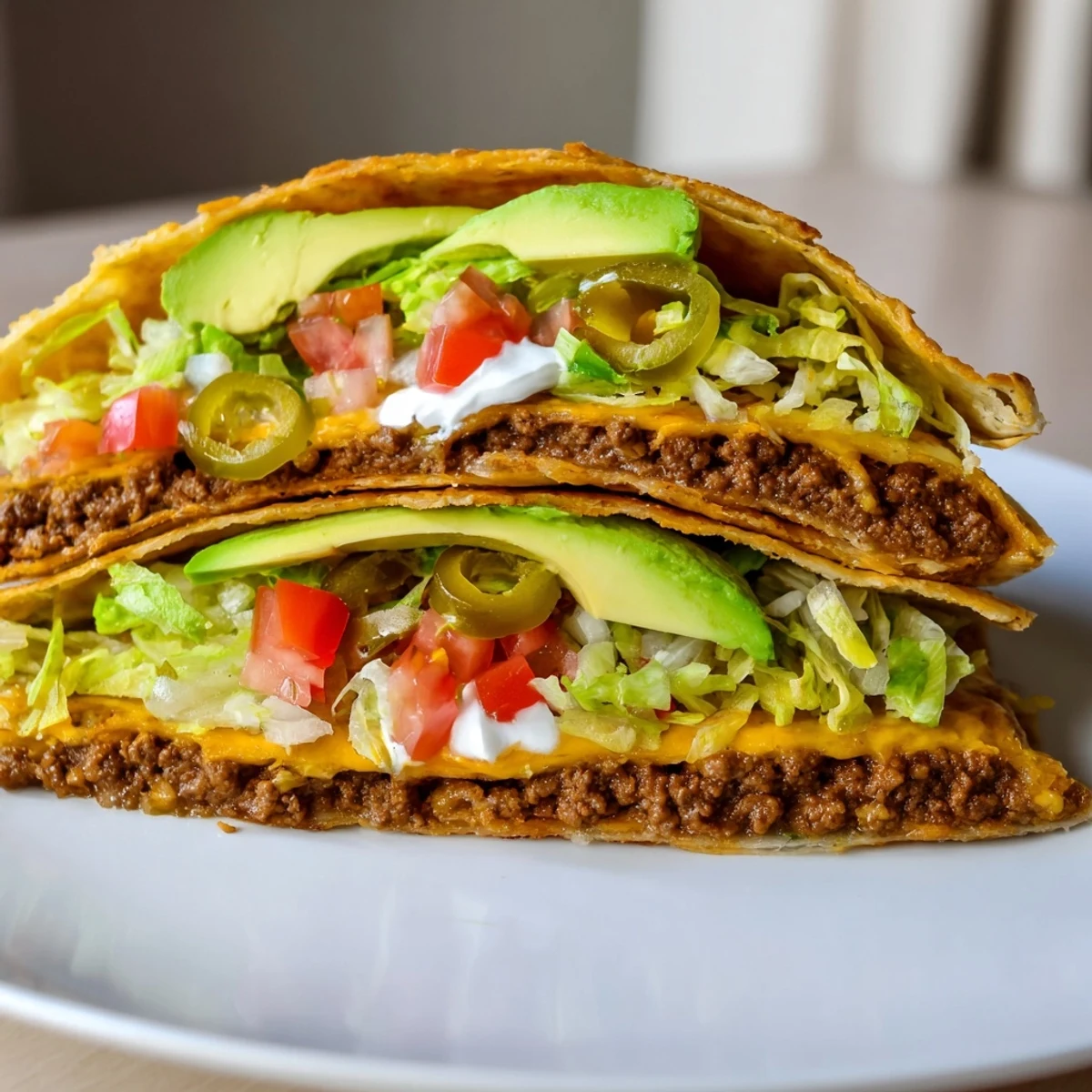 Golden keto crunchwrap with cheesy beef, crisp lettuce, tomatoes, and creamy avocado slices folded inside