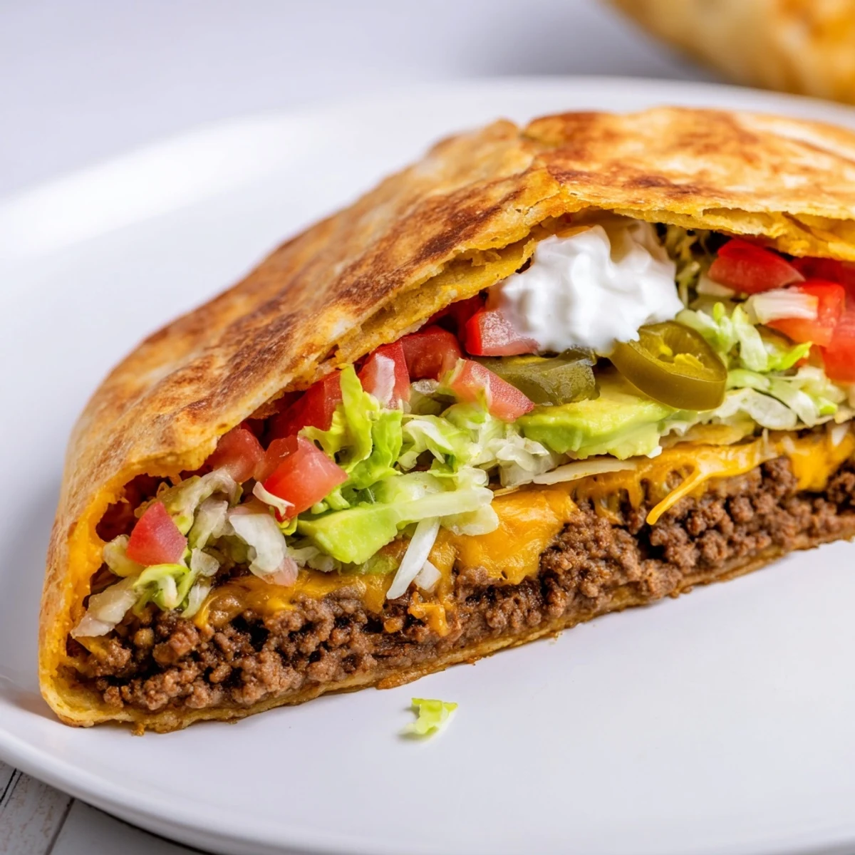 Crispy low-carb crunchwrap sizzling in skillet filled with seasoned ground beef, melted cheddar, and fresh vegetables
