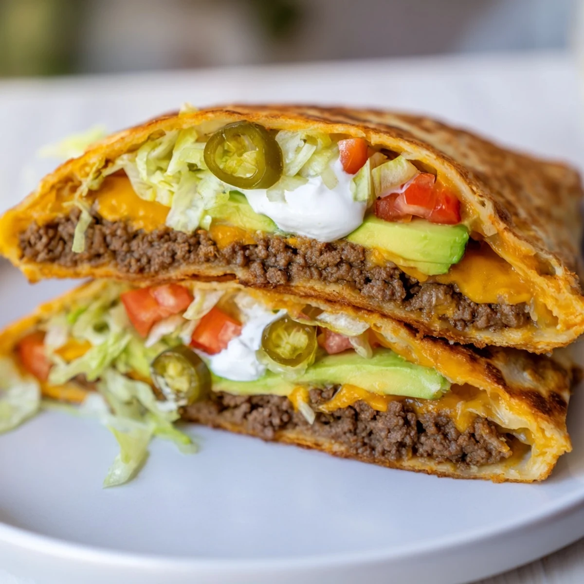 Homemade keto crunchwrap cut in half revealing layers of jalapeños, sour cream, and taco-seasoned meat