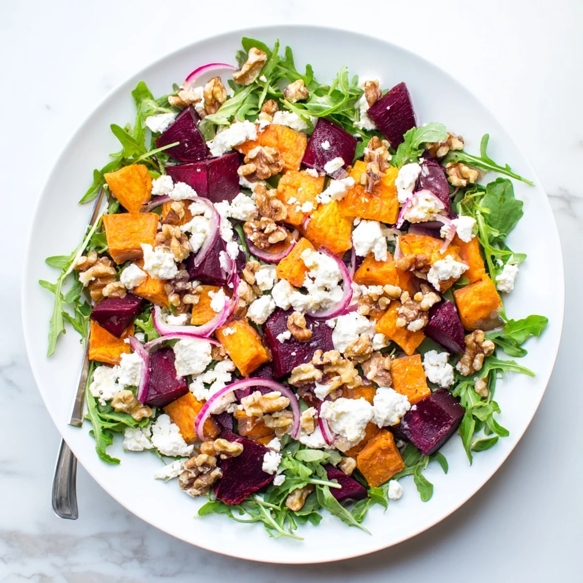 Golden roasted beet salad with sweet potato topped with crumbled feta and yogurt dressing