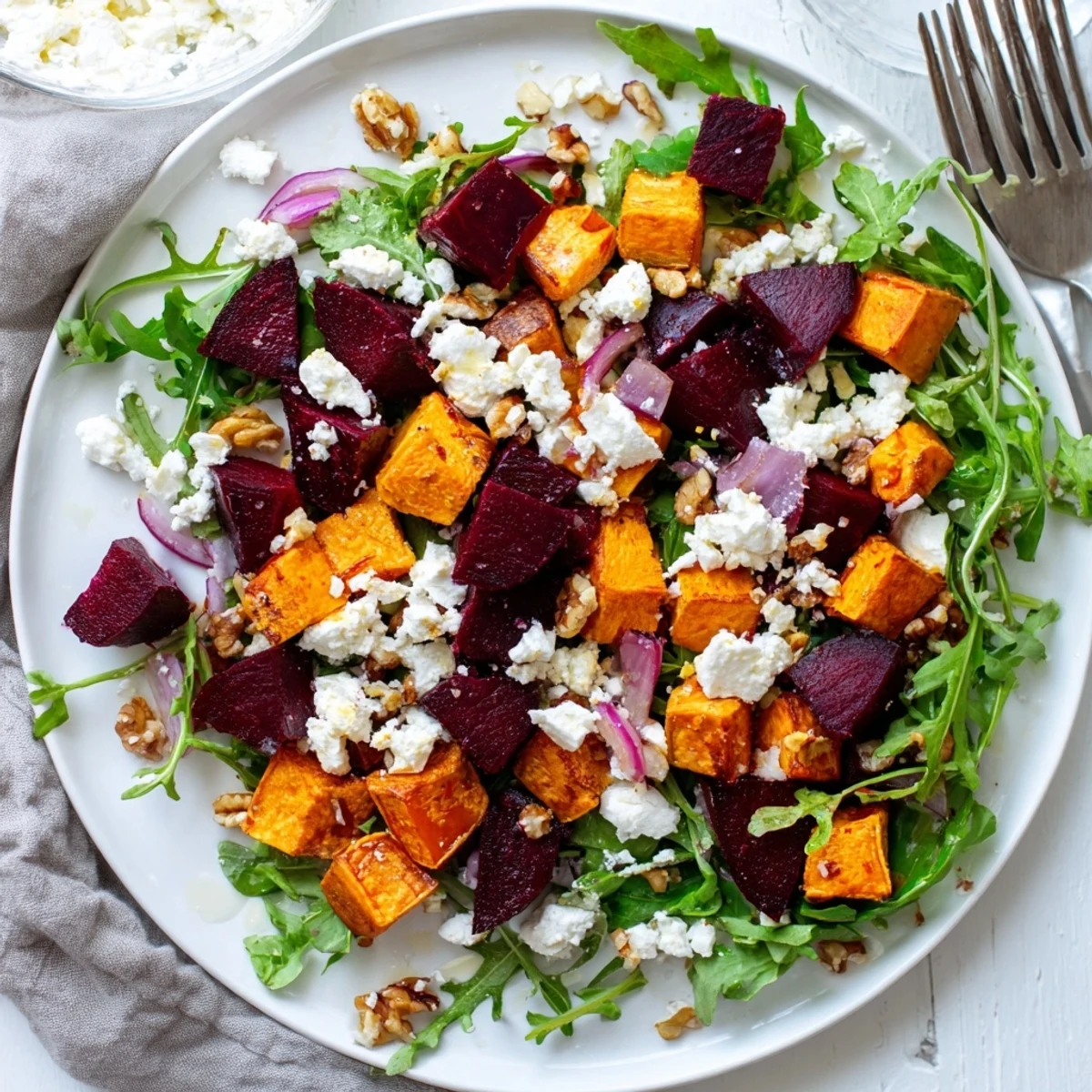 Colorful creamy roasted beet salad plated with walnuts and fresh arugula greens