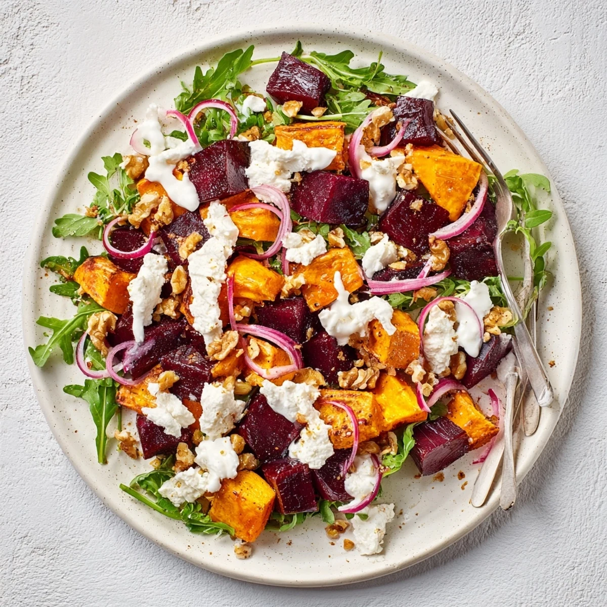 Vibrant bowl of roasted beet salad featuring sweet potatoes and tangy feta cheese