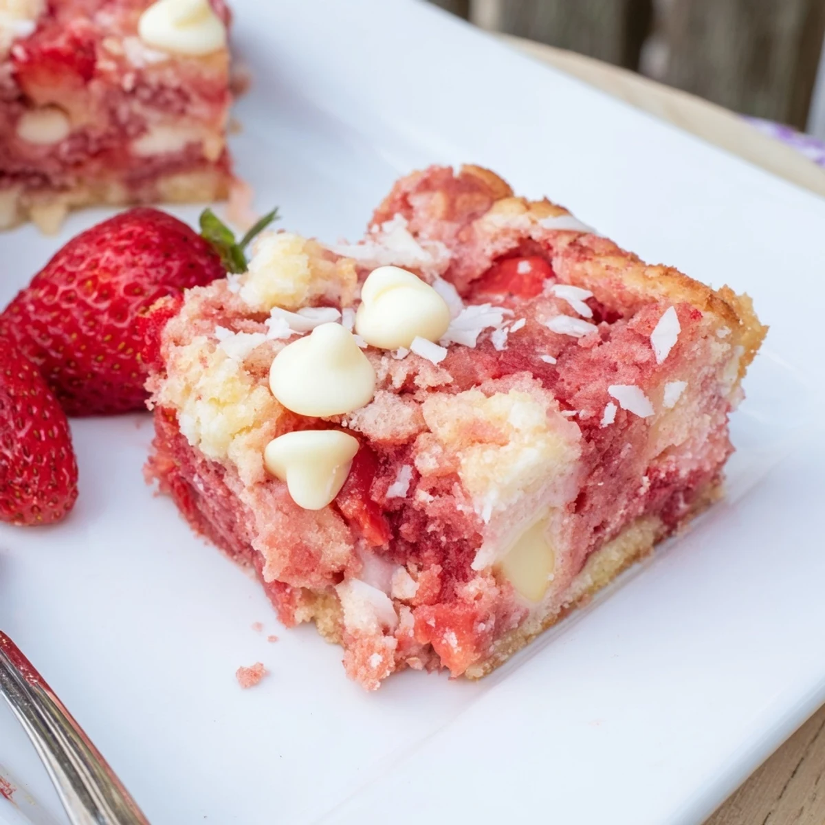 Gooey Strawberry Earthquake Cake with cream cheese swirls and melted white chocolate chips on top