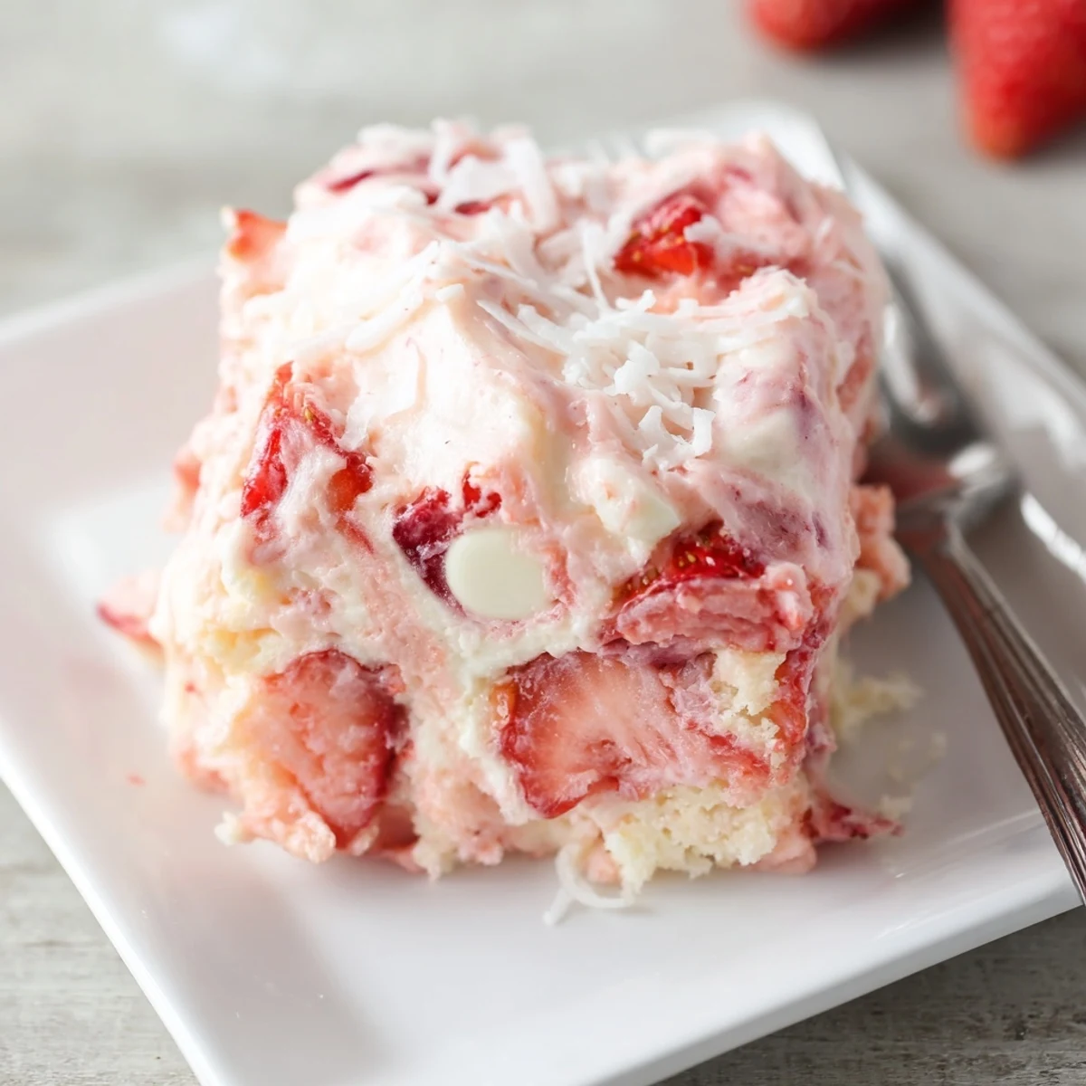 Sliced square of Gooey Strawberry Earthquake Cake showing gooey cream cheese pockets and white chocolate swirls