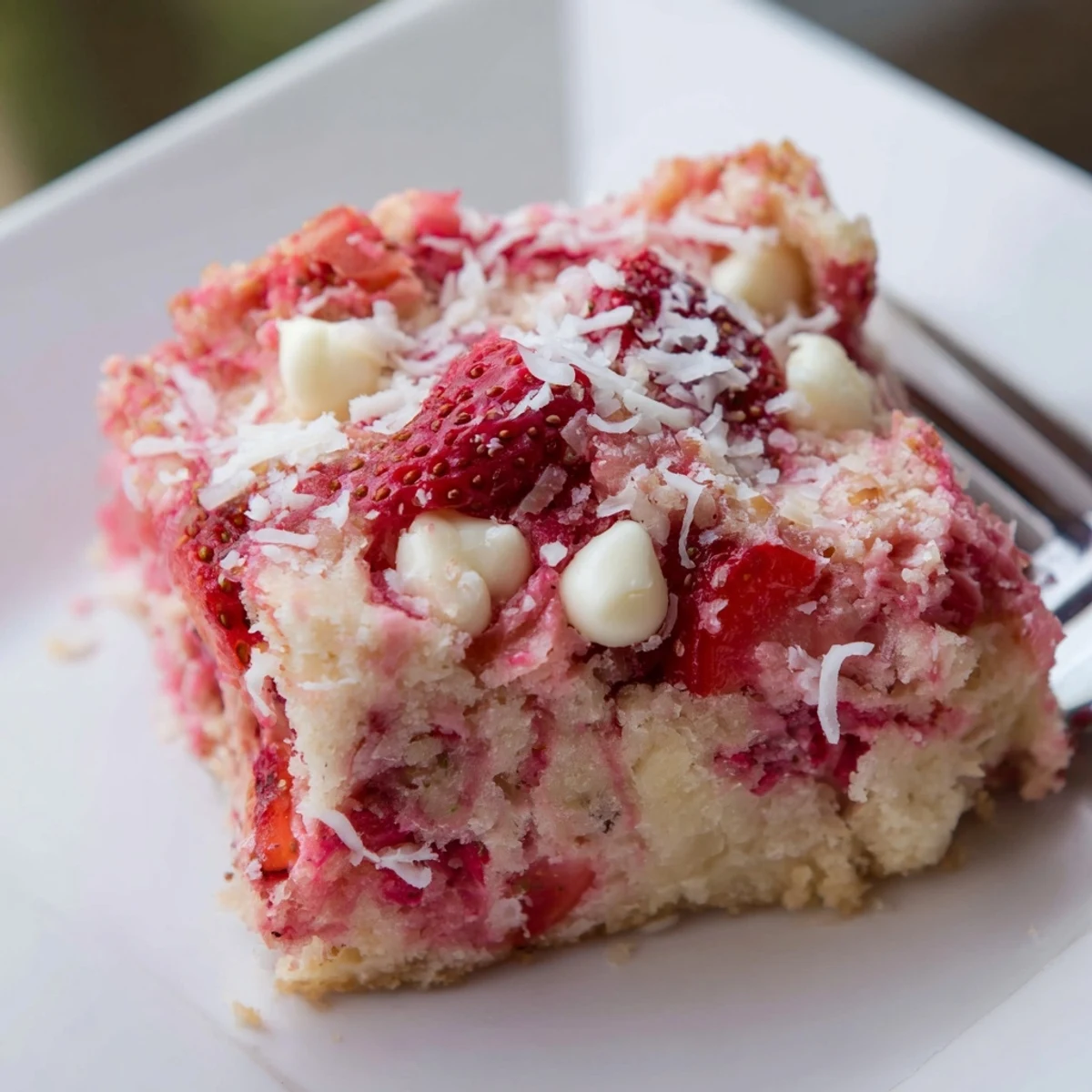 Fresh strawberry pieces baked into moist Gooey Strawberry Earthquake Cake with marbled cream cheese filling