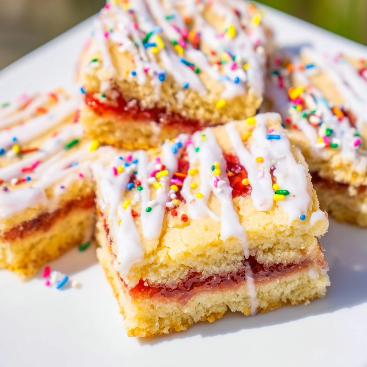 Golden poptart cookie bars topped with white glaze and rainbow sprinkles on a wooden board