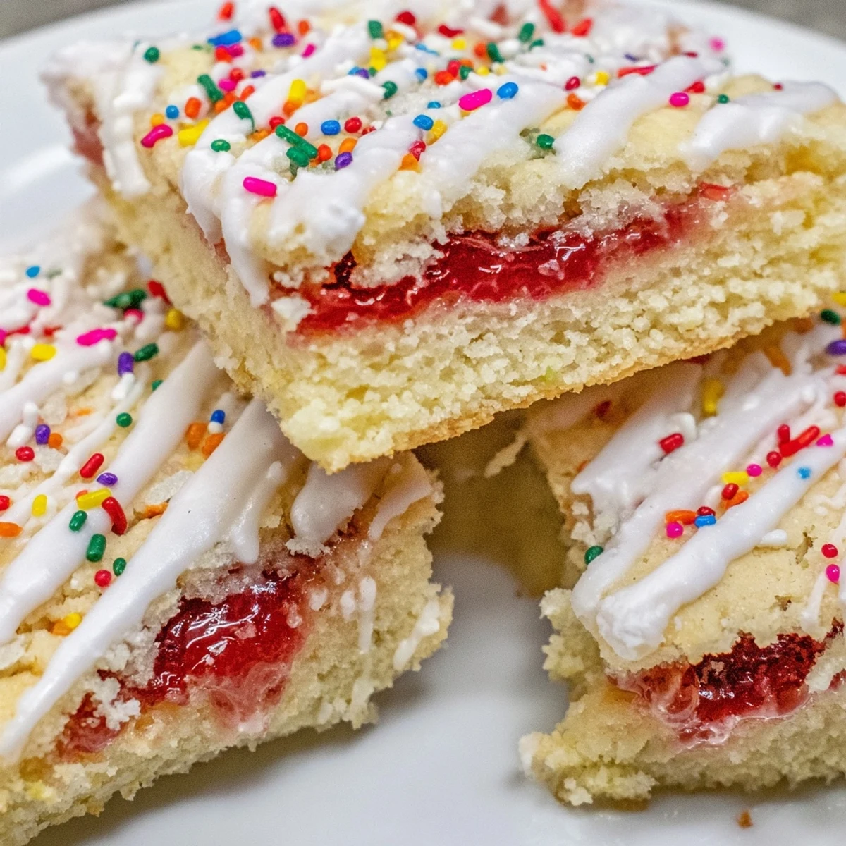 Soft sugar cookie base layered with strawberry jam and sweet vanilla glaze with colorful sprinkles