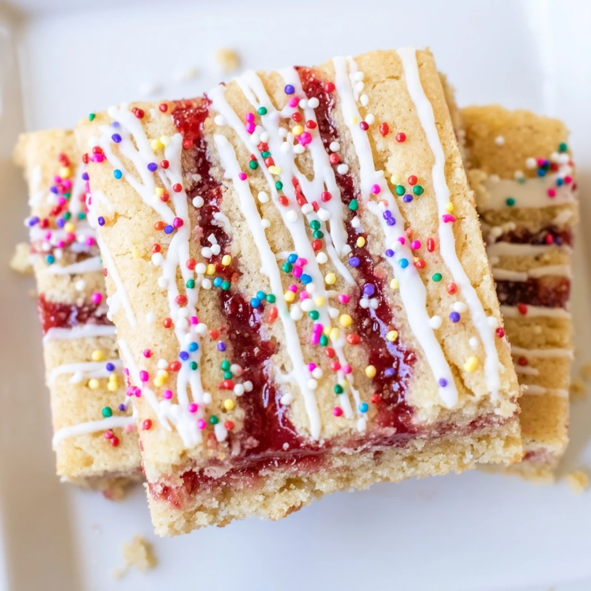 Homemade poptart cookie bars with crumbled cookie topping, fruity jam center, and festive sprinkle decoration