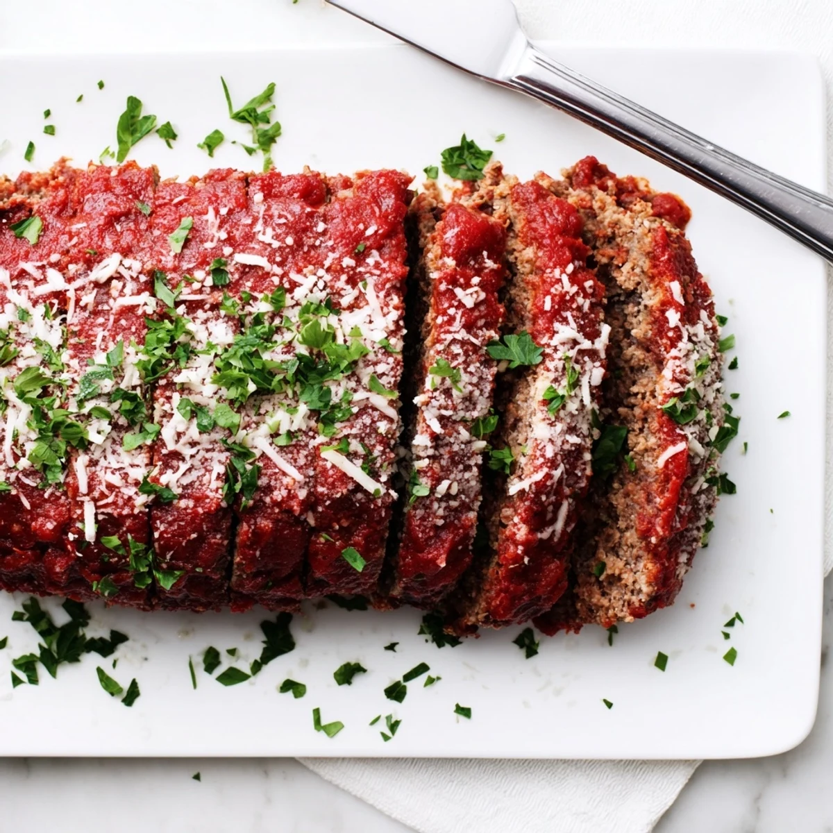 Tender baked meatloaf featuring garlic and Parmesan, resting on a white serving plate