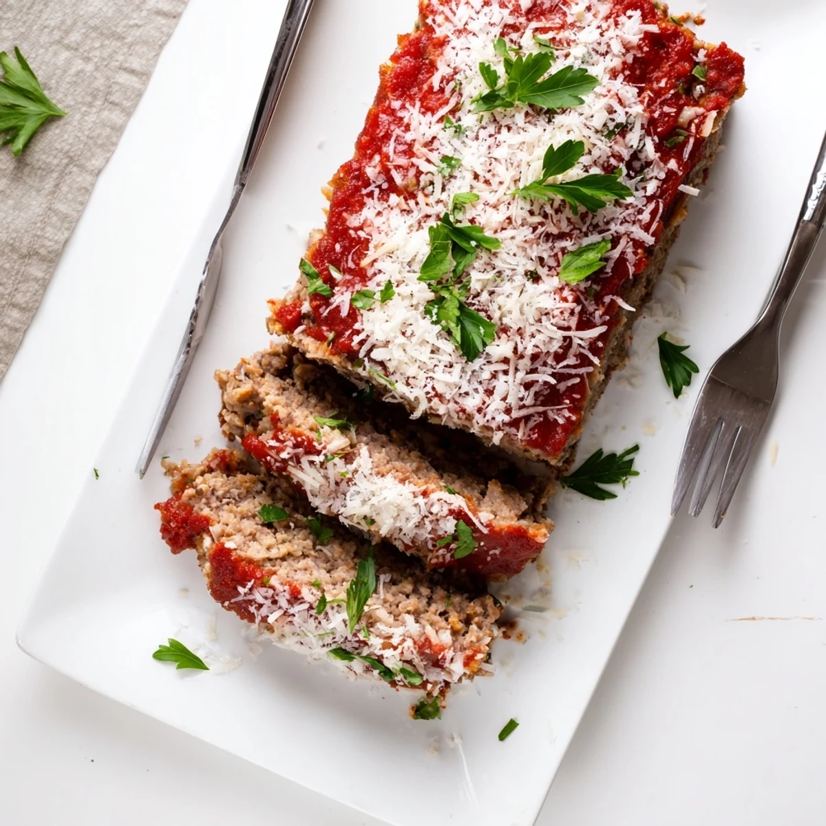 Golden brown meatloaf topped with ketchup and Parmesan, garnished with fresh chopped parsley