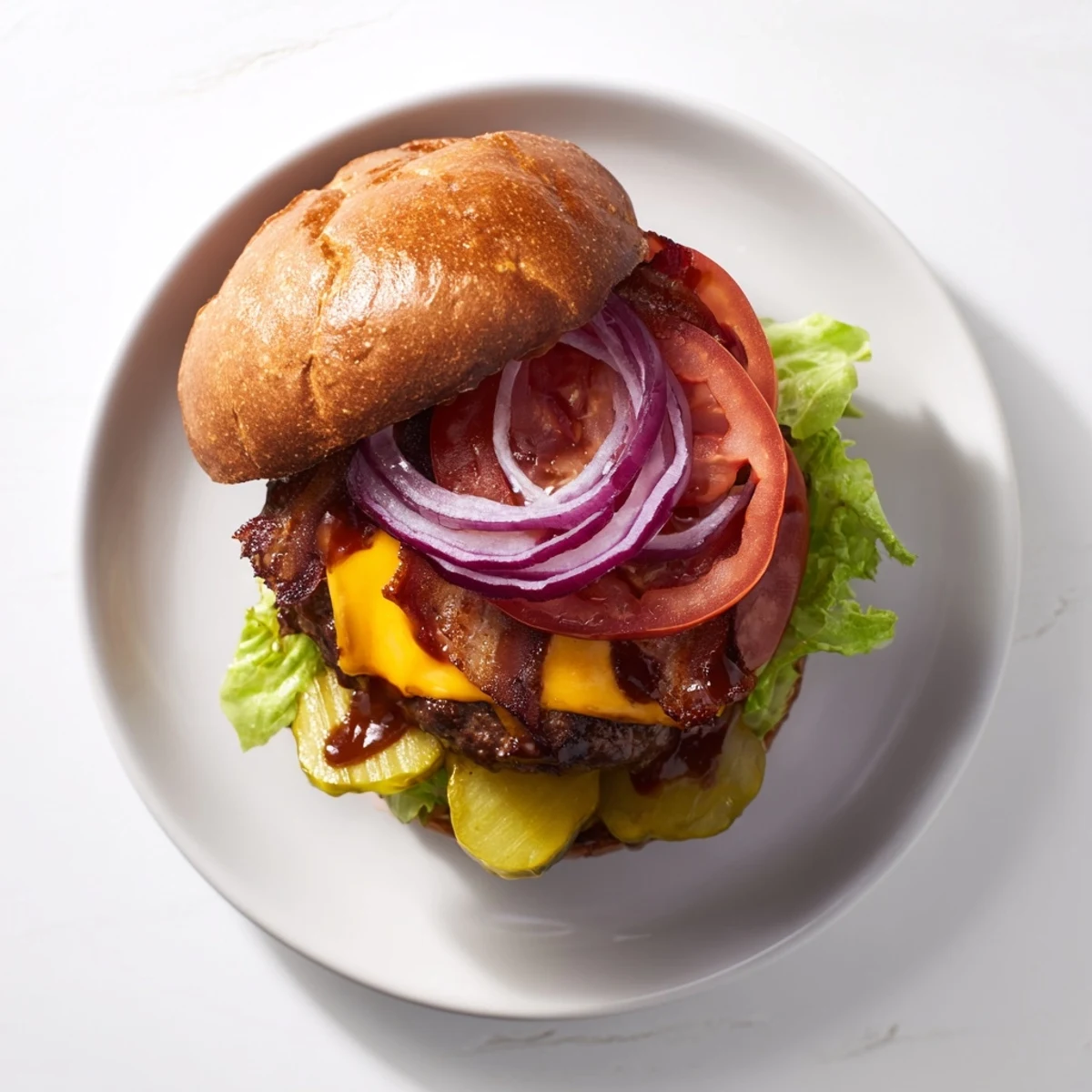 Savory hearty BBQ bacon burger topped with tangy barbecue sauce fresh lettuce tomato and red onion rings