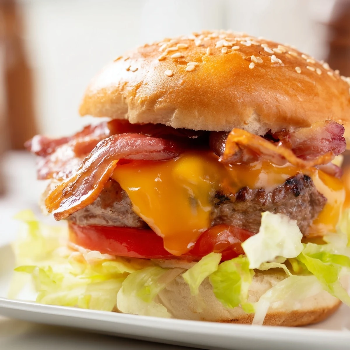 Savory Crack Burger stacked high with fresh lettuce, tomato, onion, and tangy ranch cheese sauce