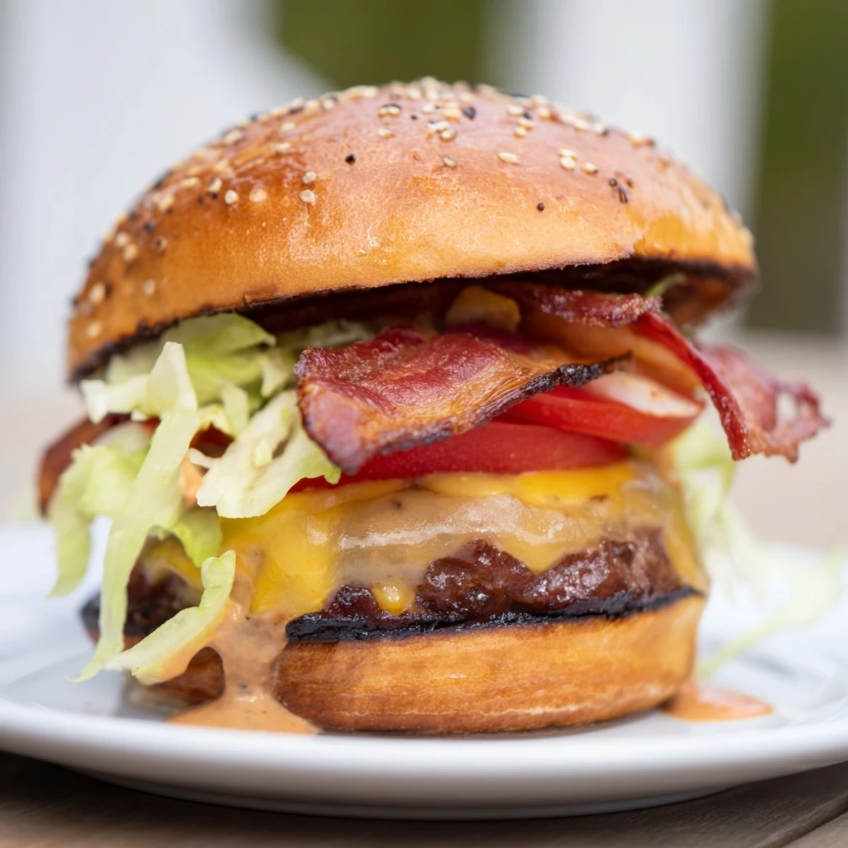 Juicy Crack Burger with melted cheddar, crispy bacon, and creamy white sauce on toasted brioche bun
