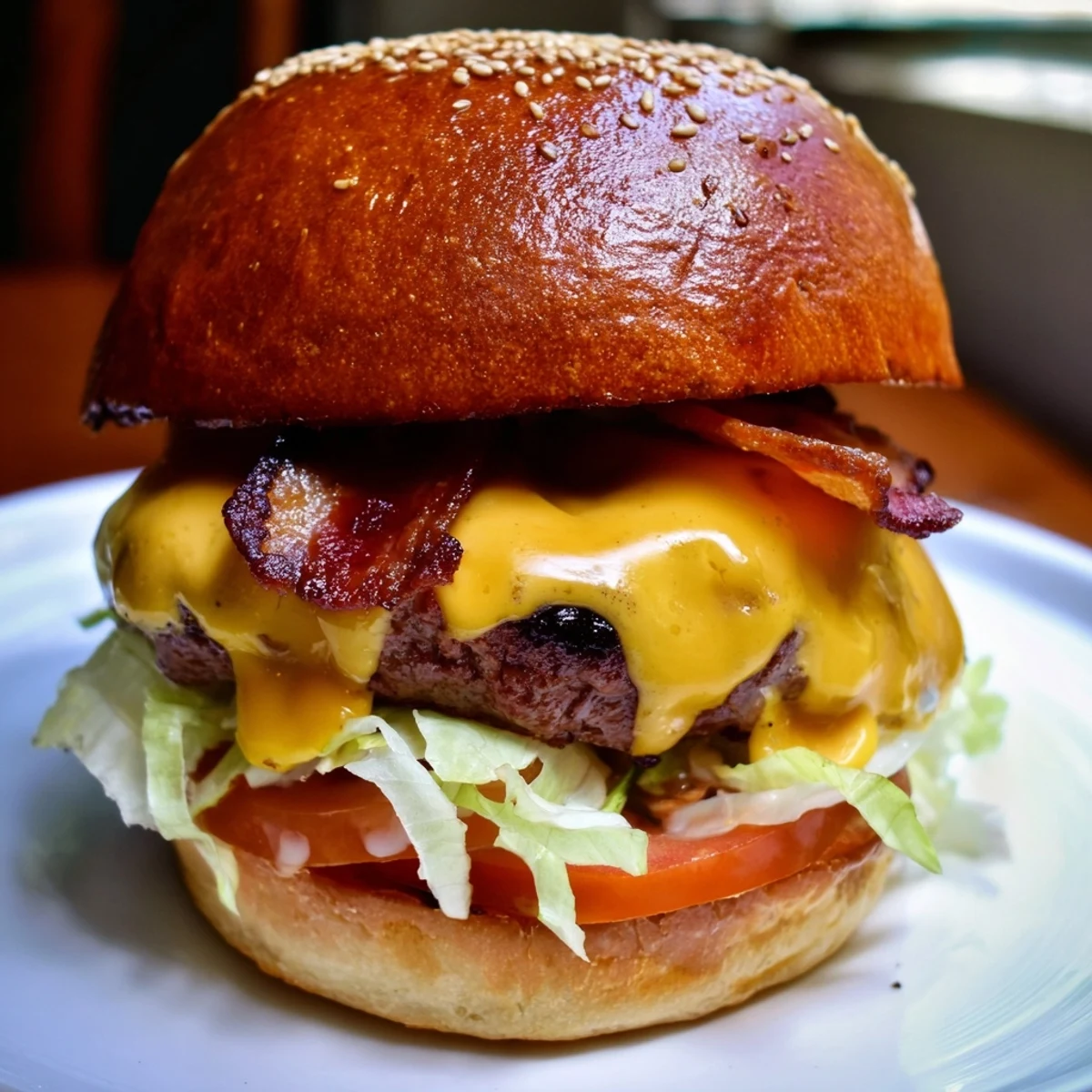Homemade Crack Burger featuring seasoned beef patty topped with crispy bacon slices and zesty crack sauce