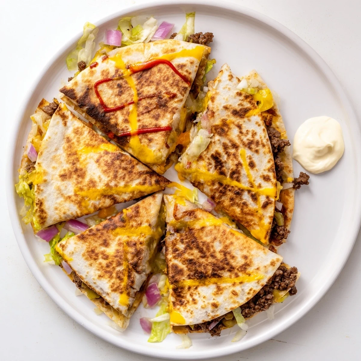 Golden brown smashburger quesadilla sliced into wedges revealing melted cheddar and juicy seasoned beef inside