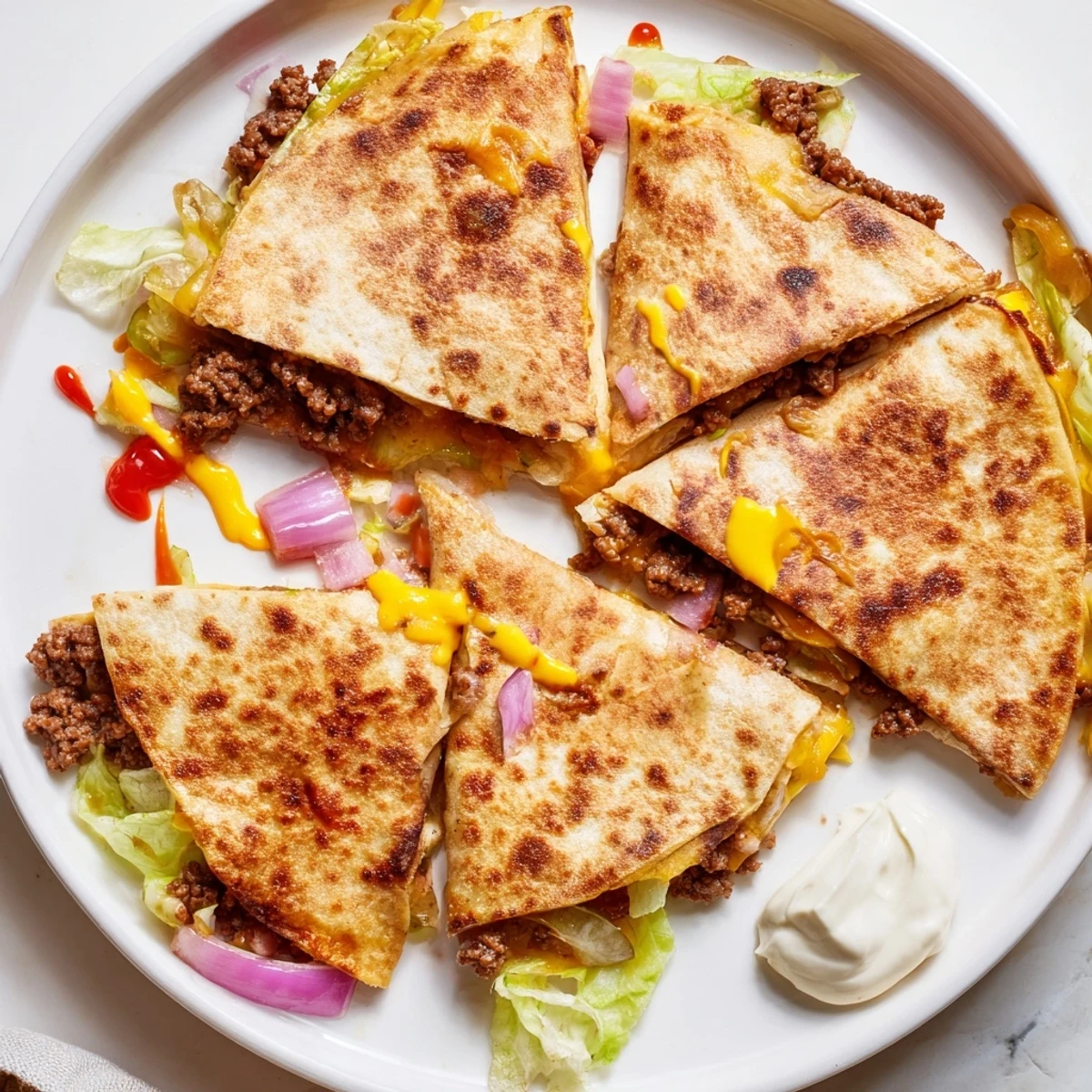Half-eaten smashburger quesadilla displaying layers of mozzarella beef and classic burger toppings on golden toasted tortilla