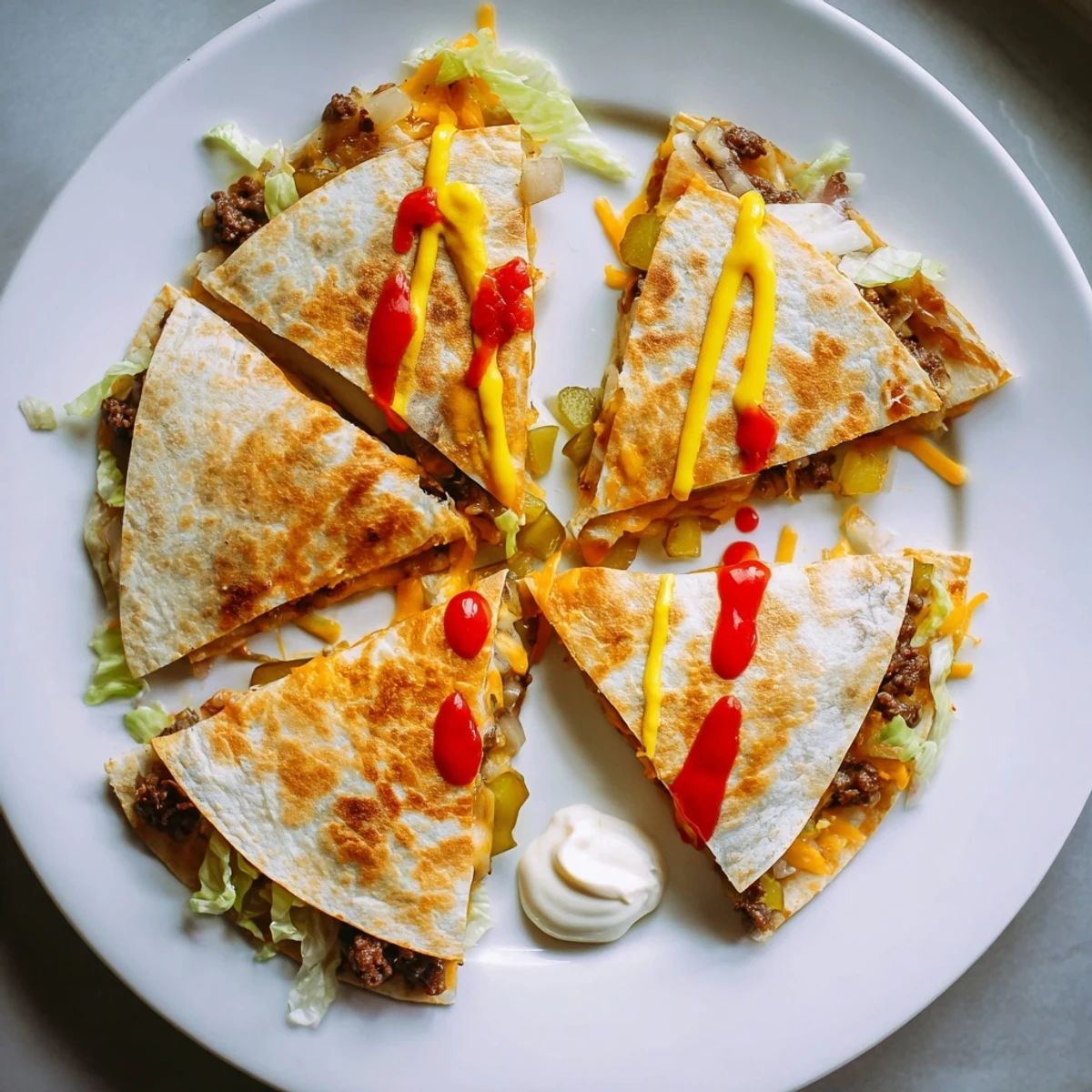 Crispy flour tortilla overflowing with double cheese smashburger patties topped with pickles lettuce and condiments