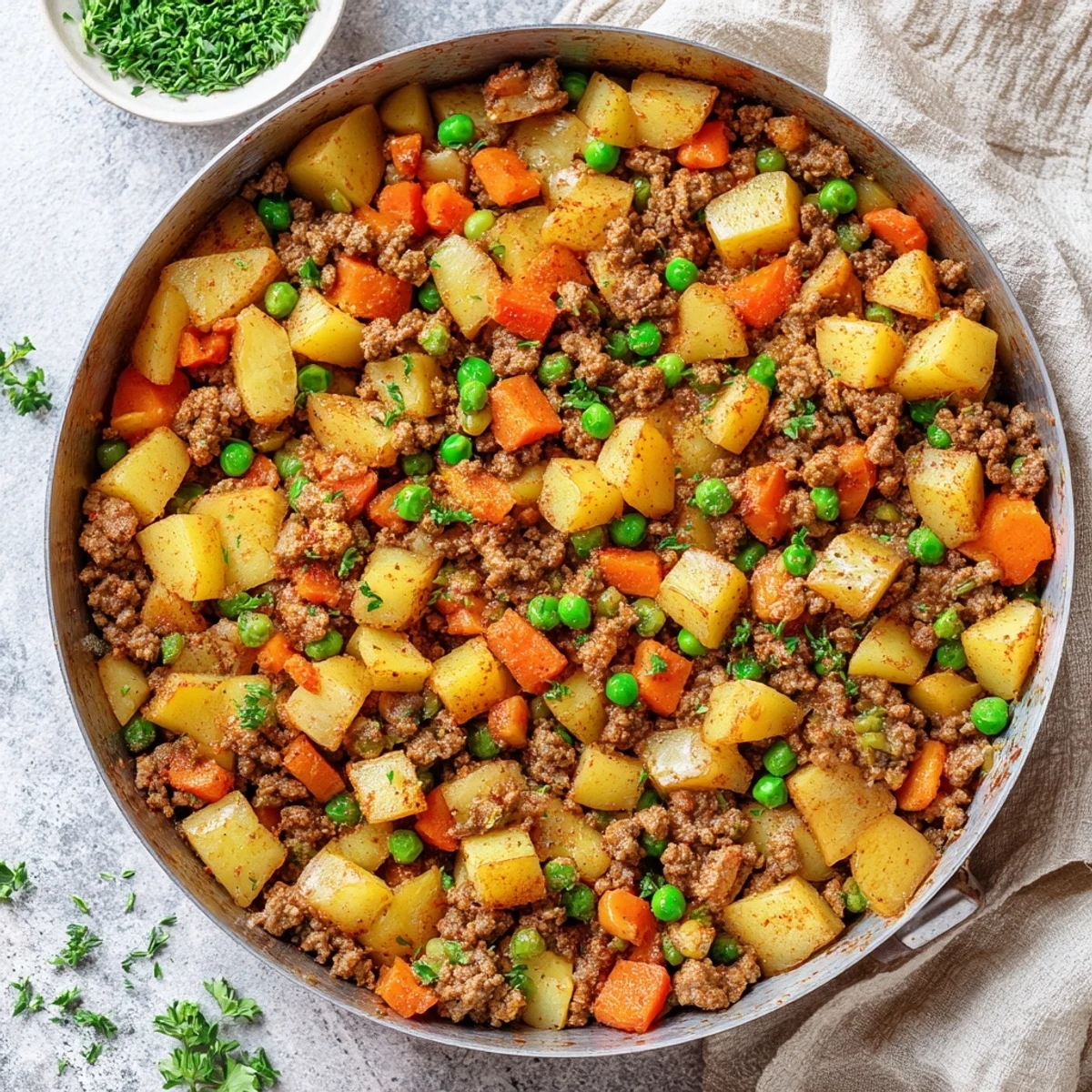 Golden brown one pan ground beef and potatoes skillet with colorful vegetables and fresh parsley garnish